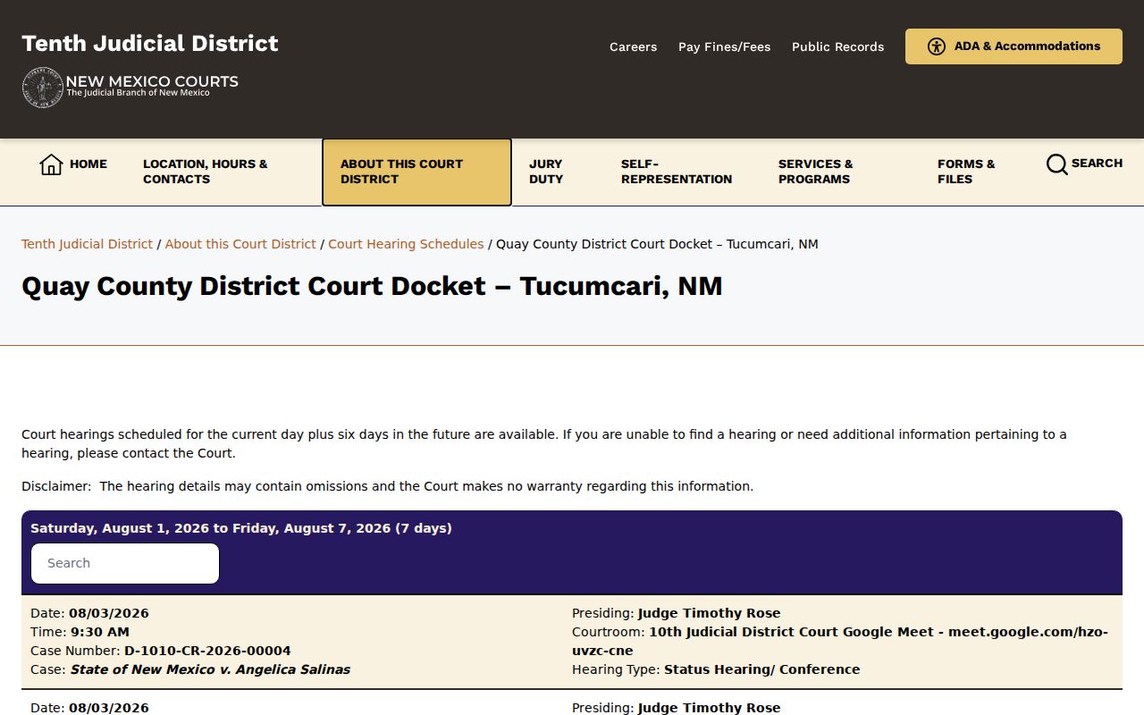 Quay County criminal court hearing docket