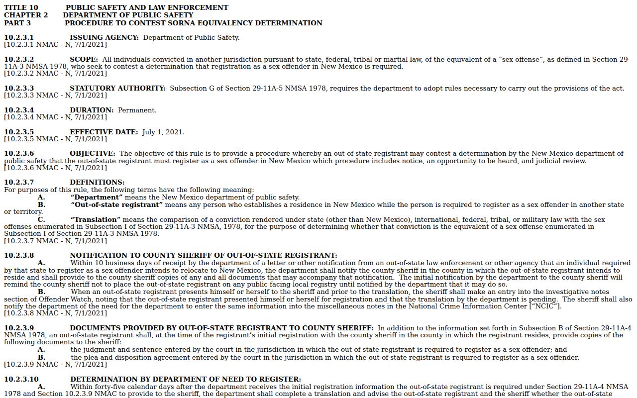 Quay County sex offender registry equivalency rule page